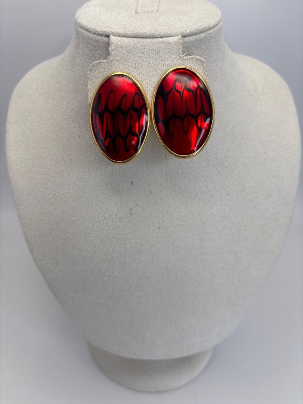 Vintage 80s Retro Oval Red Enamel Gold Tone Statement Pierced Earrings